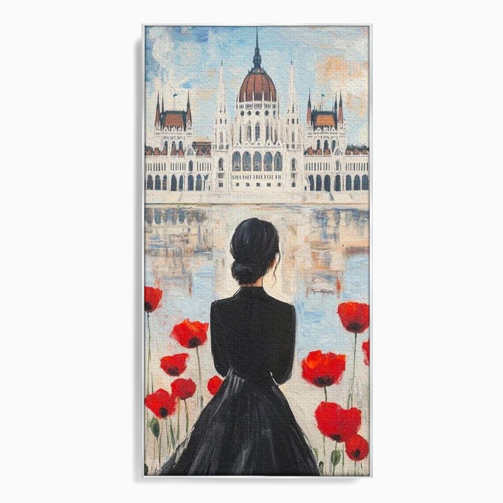 Tablou canvas cu tablou canvas cu femeie si maci, in rama de aluminiu argintiu